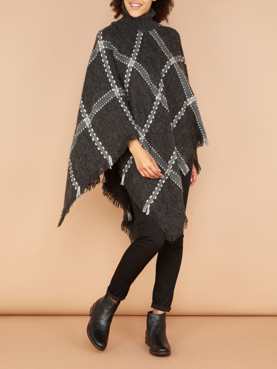 Poncho à col roulé bords à franges fines gris foncé femme