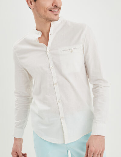 Chemise col mao lin mélangé blanc homme
