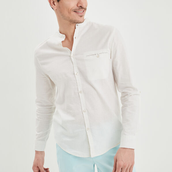 Chemise col mao lin mélangé blanc homme
