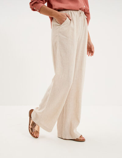 Pantalon large lin m&eacute;lang&eacute; beige femme