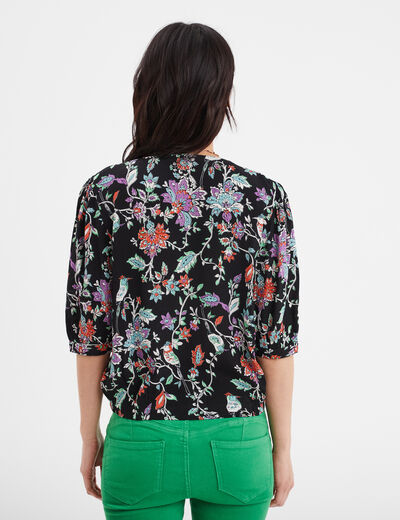 Blouse col en V manches ballons noir femme