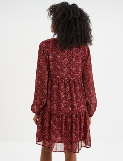 Robe évasée col en V et volants bordeaux femme