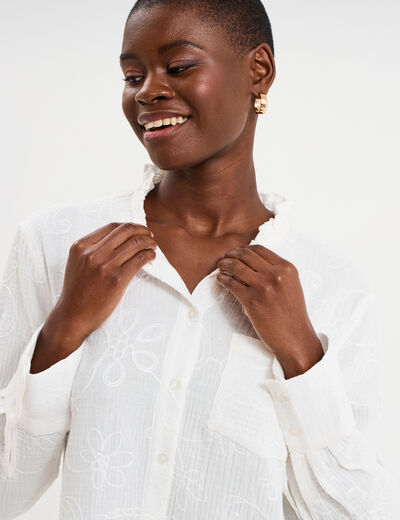 Blouse brod&eacute;e manches longues coton blanc femme
