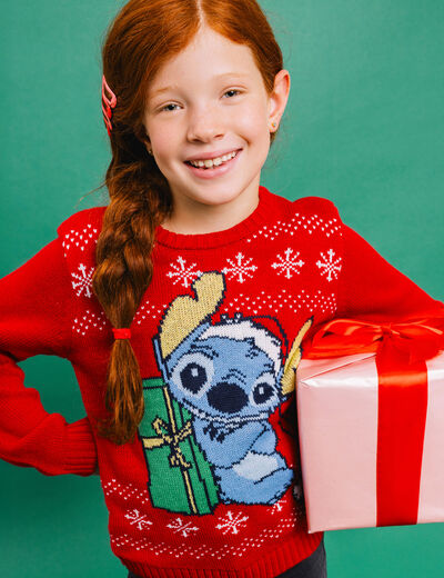 Pull de No&euml;l manches longues Stitch rouge fille