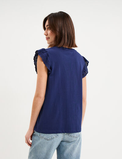 D&eacute;bardeur volants broderie anglaise bleu fonc&eacute; femme