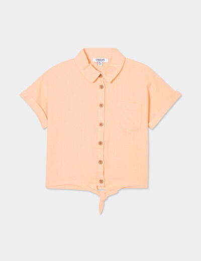 Chemise nouée manches courtes en lin rose saumon fille