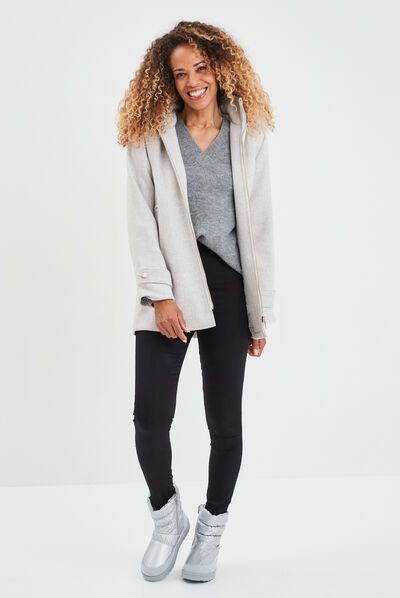 Pull col en V fentes aux côtés gris clair femme