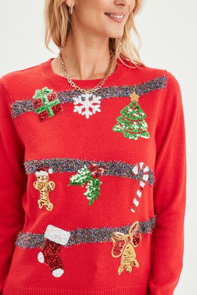 Pull de Noël guirlande et sequins rouge femme