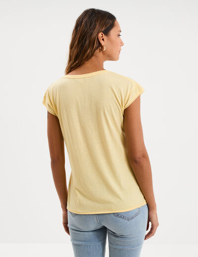 T-shirt col v poche poitrine jaune pastel femme