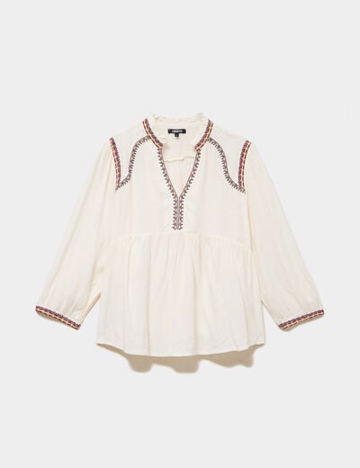 Blouse col tunisien avec broderie ecru femme