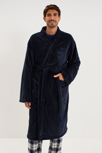 Peignoir long effet velours bleu fonc&eacute; homme
