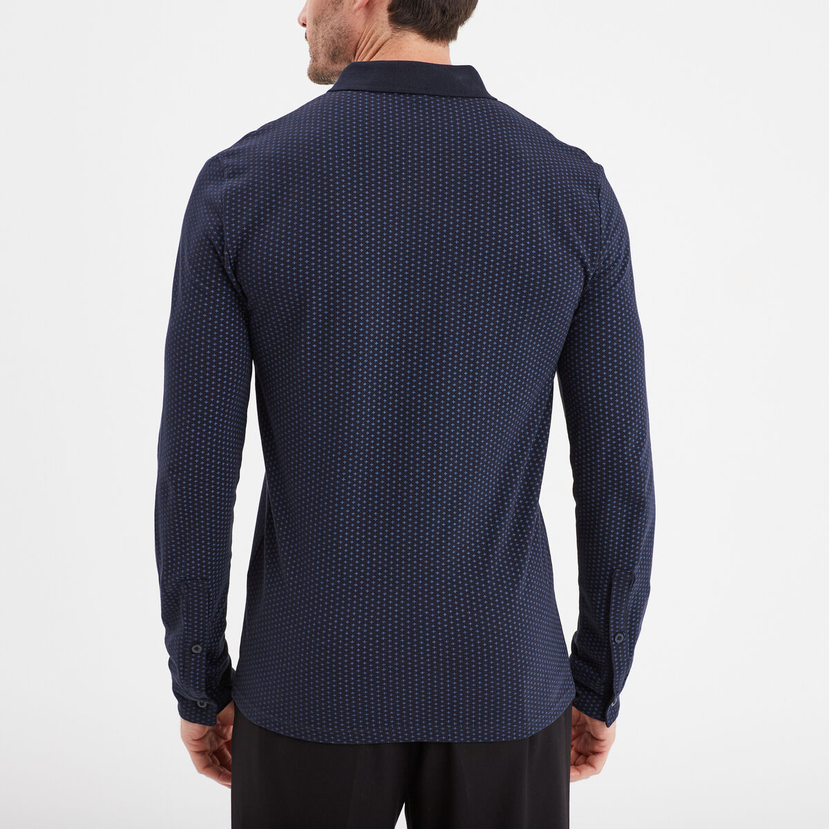 Polo manches longues encolure boutonnée bleu marine homme