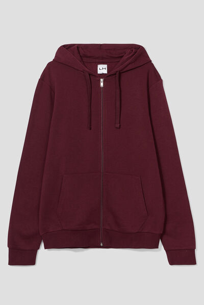 Sweat zippé molleton à capuche prune homme