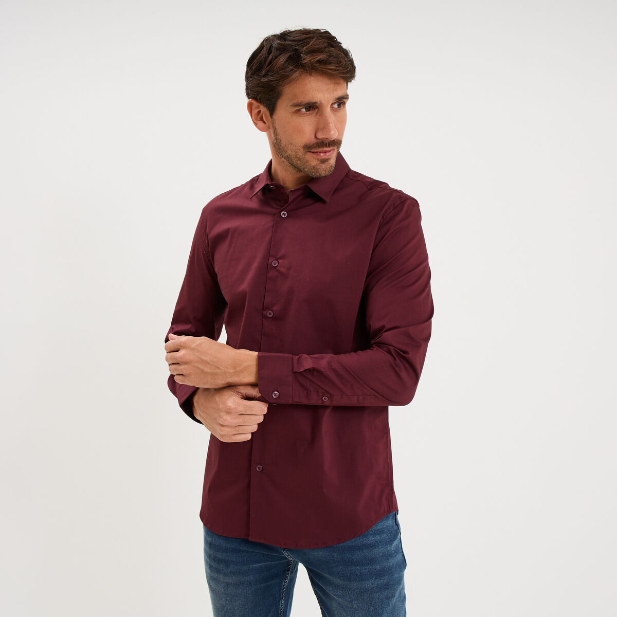 Chemise stretch manches longues violet fonc&eacute; homme