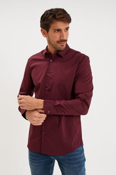 Chemise stretch manches longues violet fonc&eacute; homme