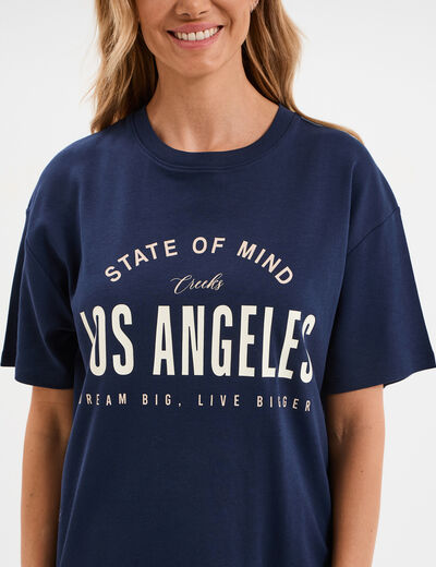 T-shirt col rond manches courtes coton bleu marine femme