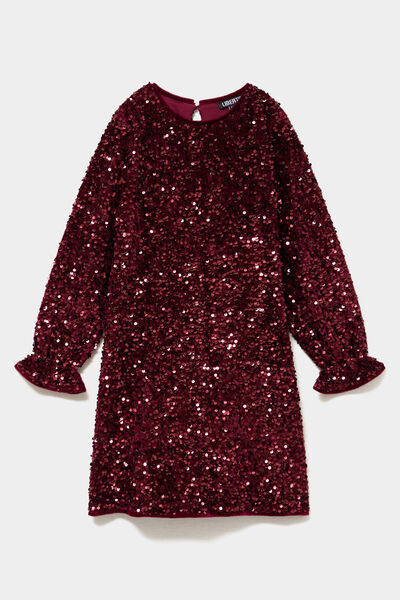 Robe courte &agrave; sequins manches longues bordeaux fille
