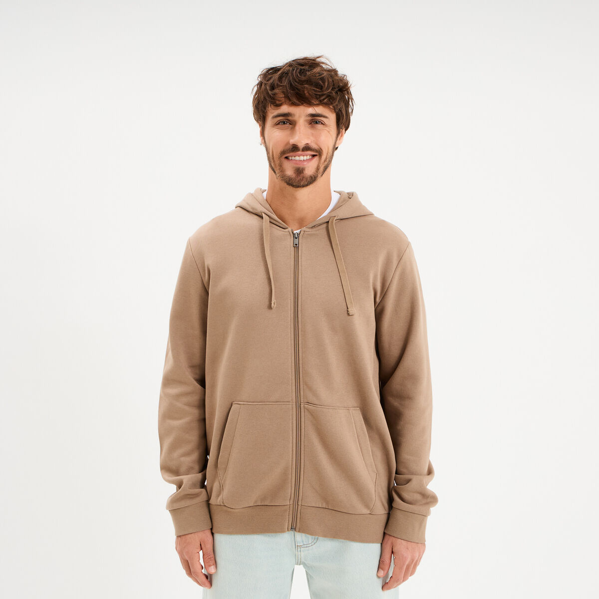 Sweat zipp&eacute; molleton &agrave; capuche taupe homme