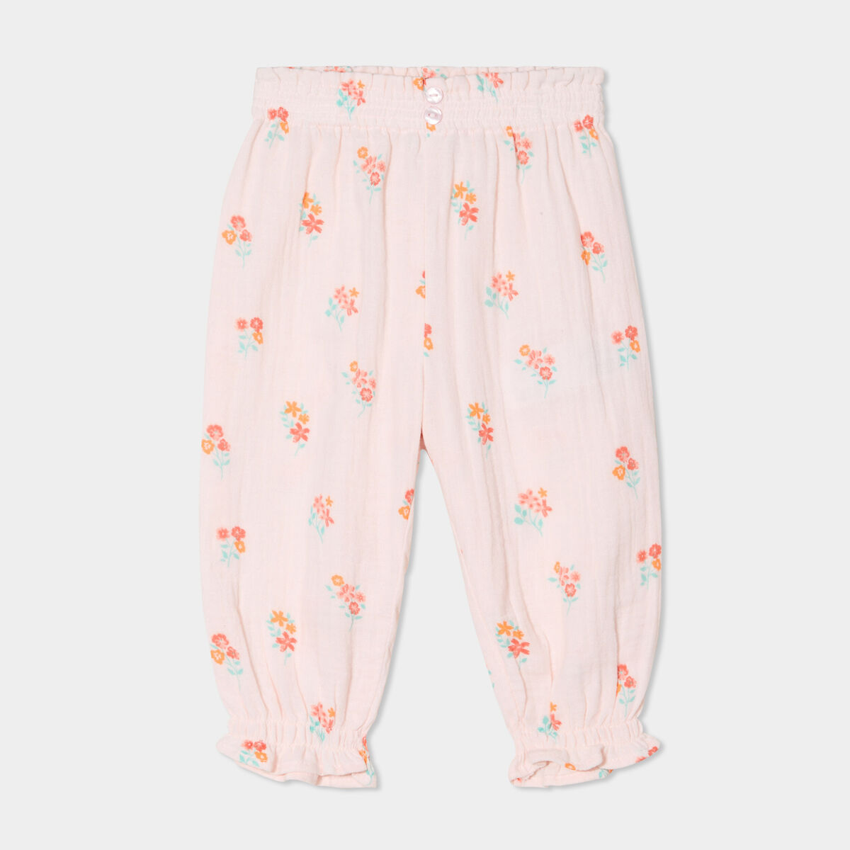 Pantalon taille élastiquée gaze de coton rose clair bébé fille