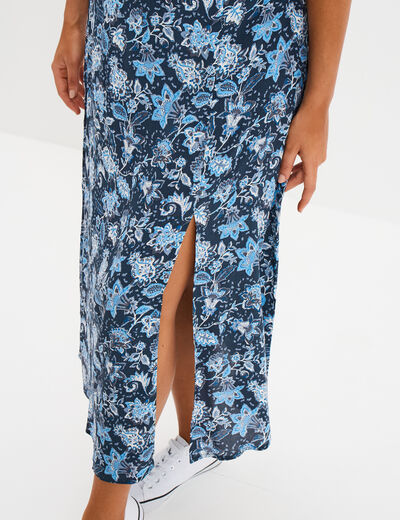 Jupe midi fendue fluide bleu marine femme