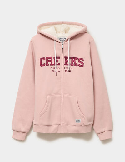 Sweat &agrave; capuche doublure effet sherpa rose poudr&eacute;e femme