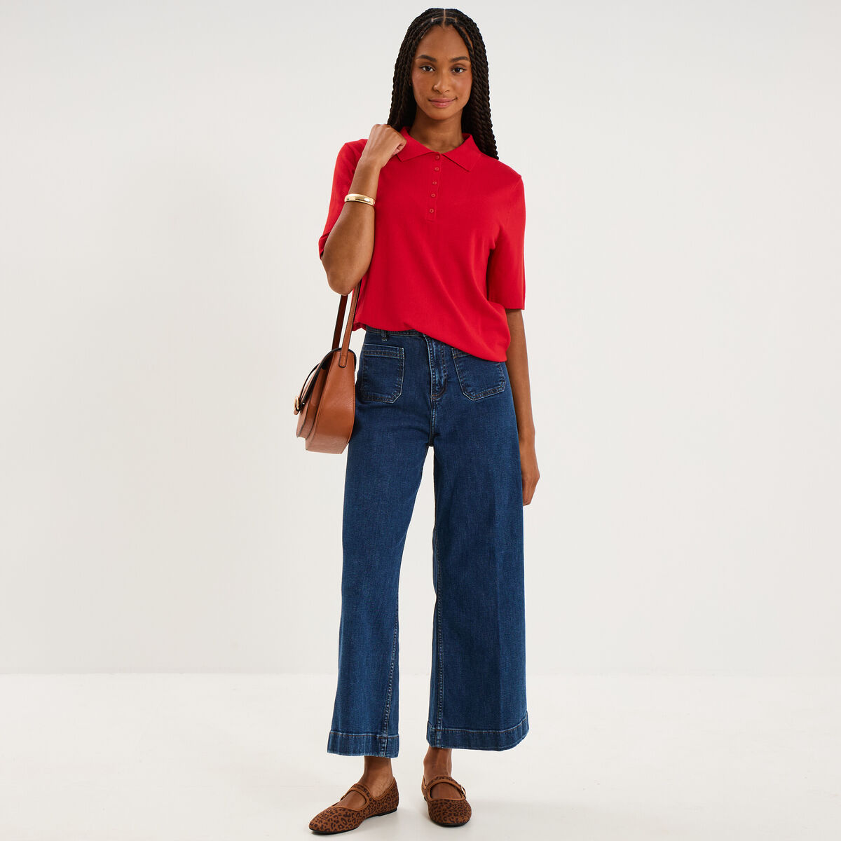 Pull col polo manches courtes rouge femme