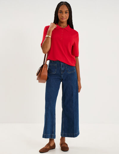 Pull col polo manches courtes rouge femme