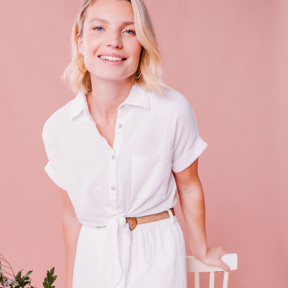 Chemise nouée manches courtes gaze coton blanc femme