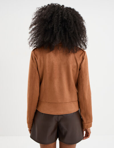 Veste courte esprit biker effet suédine marron clair femme