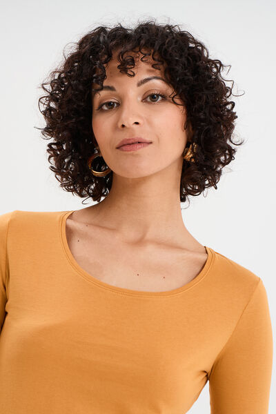T-shirt coton col rond manches longues jaune moutarde femme