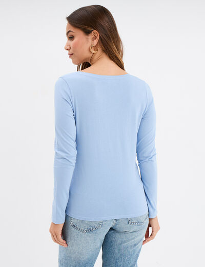 T-shirt col en V manches longues coton bleu clair femme