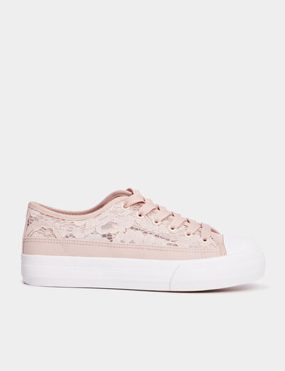 Tennis en toile dentelle &agrave; lacets rose femme