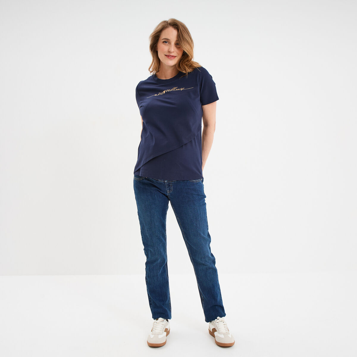 Jeans grossesse droit avec bandeau denim stone femme maternit&eacute;