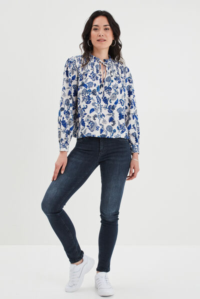 Blouse col à cordons épaules smockées ecru femme