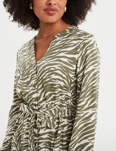 Robe courte ceinturée col tusinien vert kaki femme