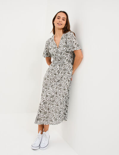 Robe longue empire taille smock&eacute;e ecru femme