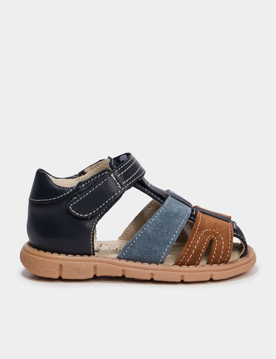 Sandales &agrave; scratchs en cuir bleu b&eacute;b&eacute; gar&ccedil;on