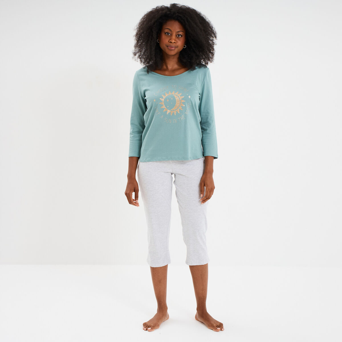 Ensemble pyjama corsaire t-shirt coton bleu gris femme