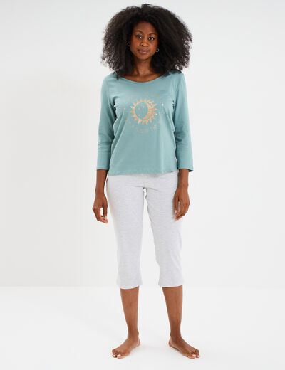 Ensemble pyjama corsaire t-shirt coton bleu gris femme