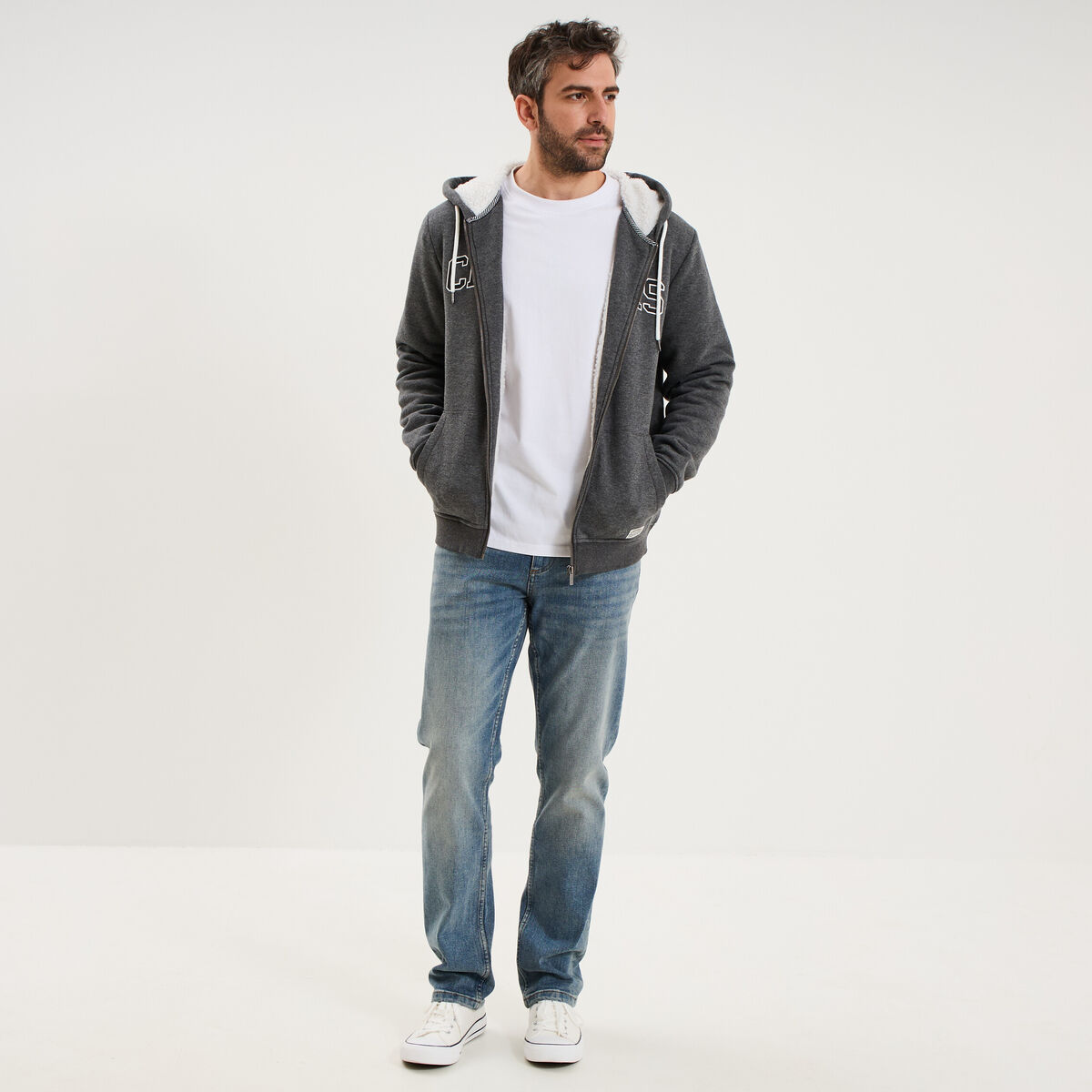 Sweat zipp&eacute; &agrave; capuche doubl&eacute; gris fonc&eacute; homme