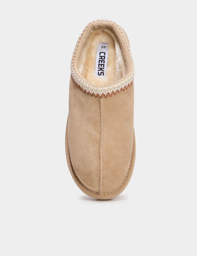 Mules fourr&eacute;es d&eacute;tails brod&eacute;s sable femme