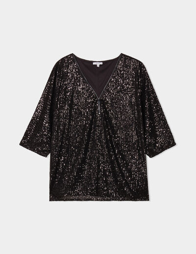 T-shirt sequins manches courtes noir femme grande taille