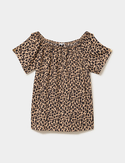 T-shirt gaufr&eacute; avec manches &agrave; noeuds beige clair femme grande taille