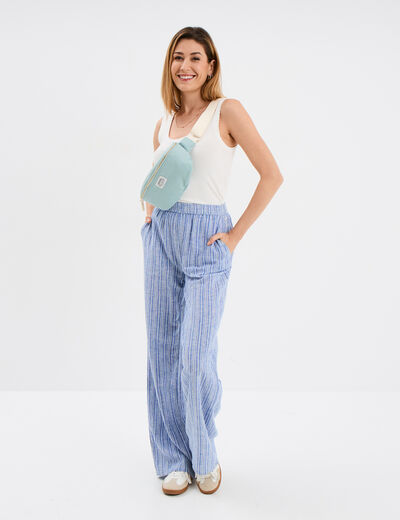 Pantalon large taille élastiquée bleu femme