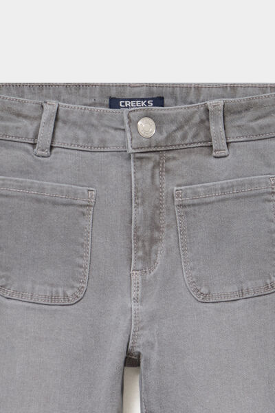 Jean flare poches plaqu&eacute;es denim gris fille