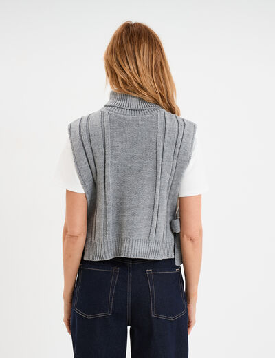Pull gilet noeuds col roulé sans manches gris femme