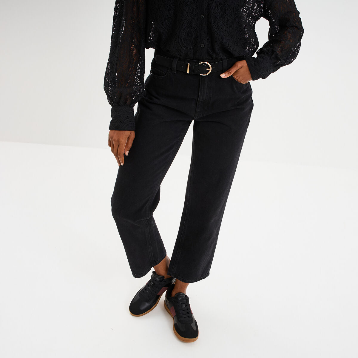 Jeans droit 7/8ème coton denim noir femme