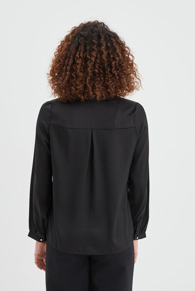 Blouse satin col en V à revers noir femme