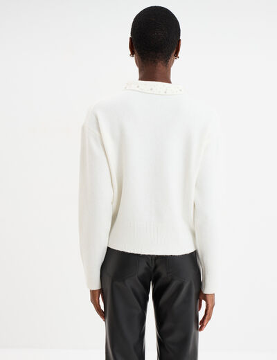 Pull col chemise strass et perles blanc femme