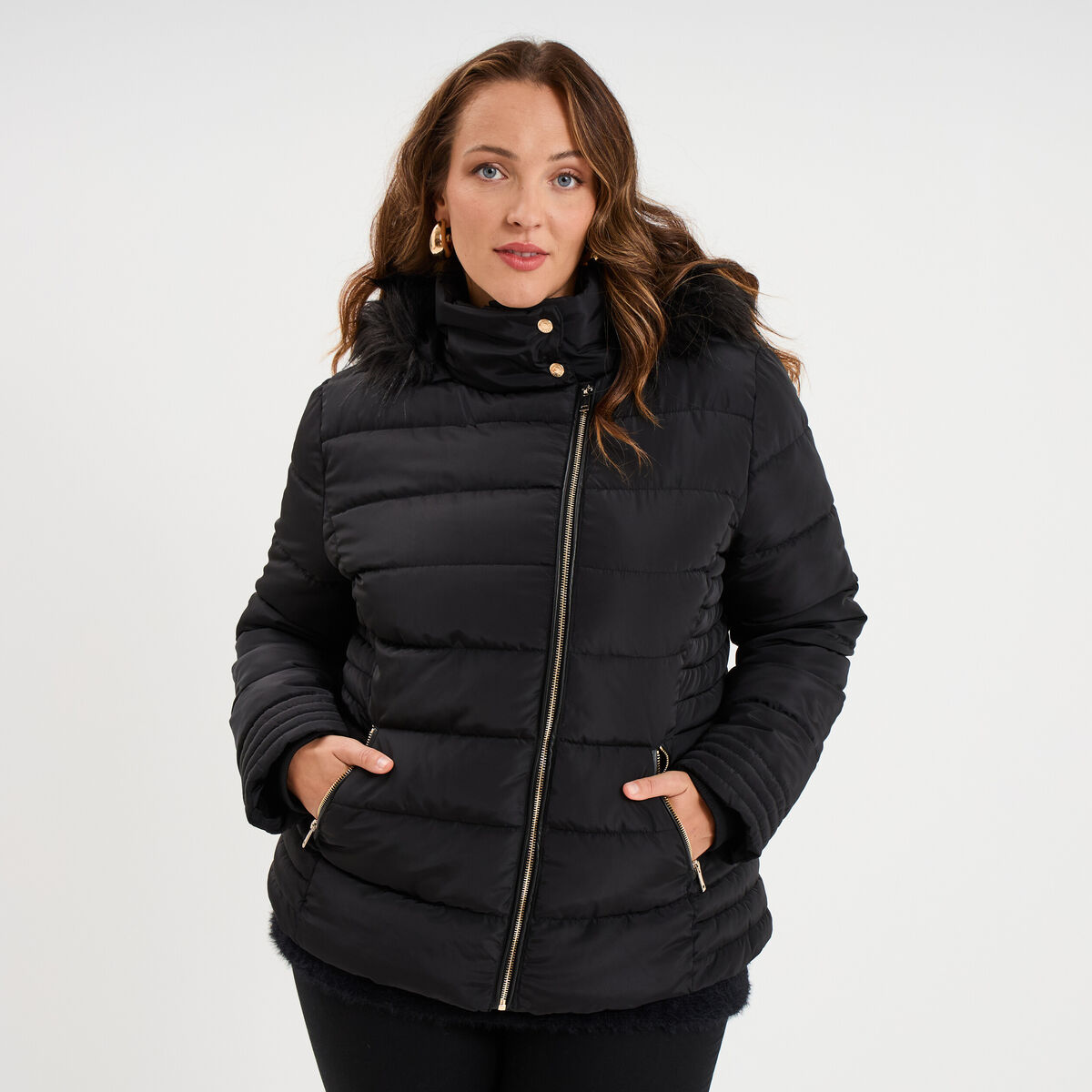Doudoune d&eacute;perlante &agrave; capuche noir femme grande taille